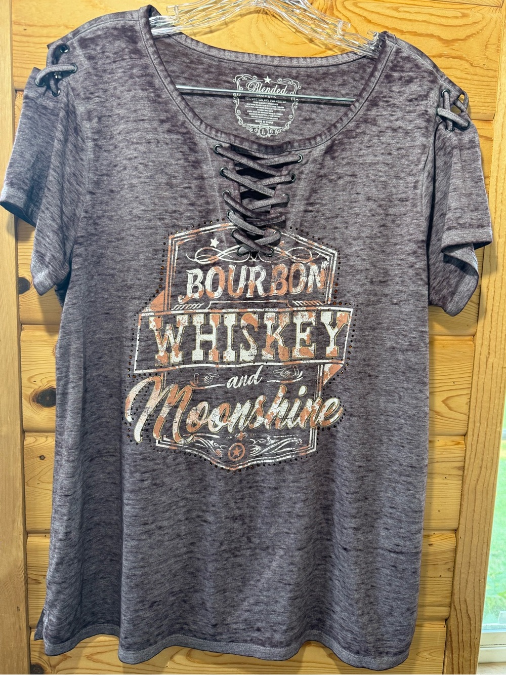 Women’s Lace-Up Bourbon Whiskey Graphic Tee - Heather burgundy Large